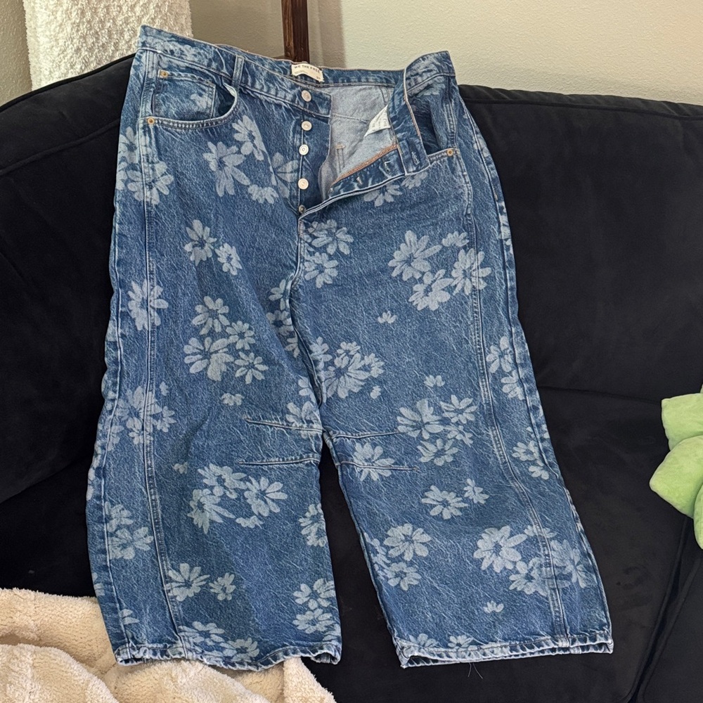 Free People Floral Print Barrel Denim Jeans - Blue